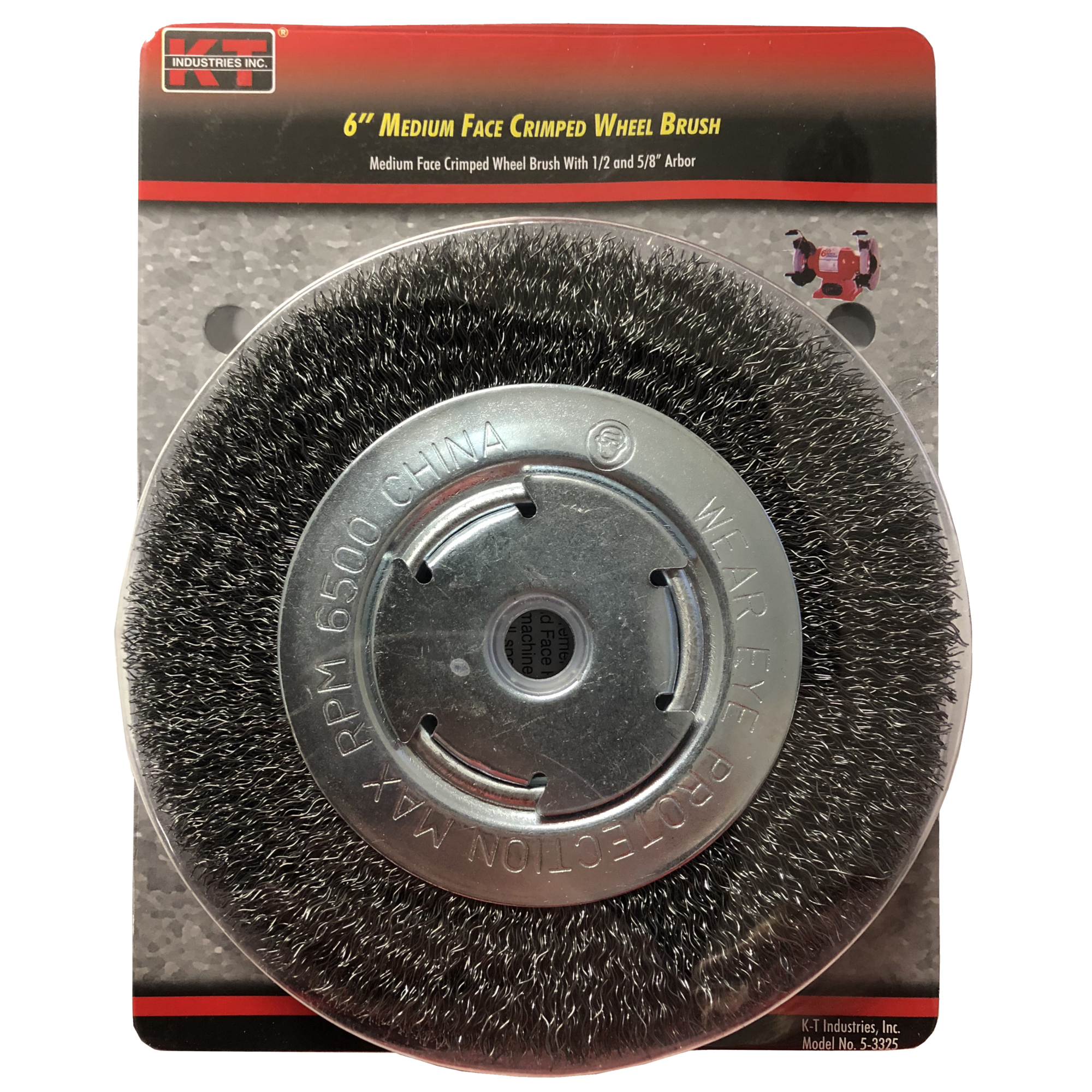 K-T Industries Wheel Brush — 6in., Medium, 1/2in. - 5/8in. Arbor, 6500 RPM, Model# 5-3325